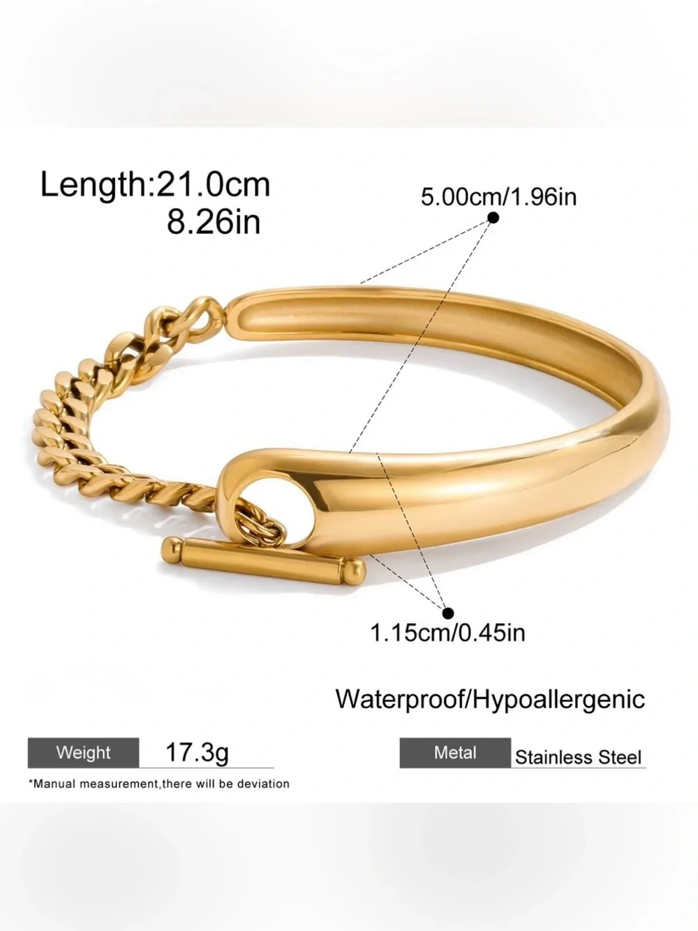 18K Gold Plated Toggle Curb Chain Bracelet Stainless Steel